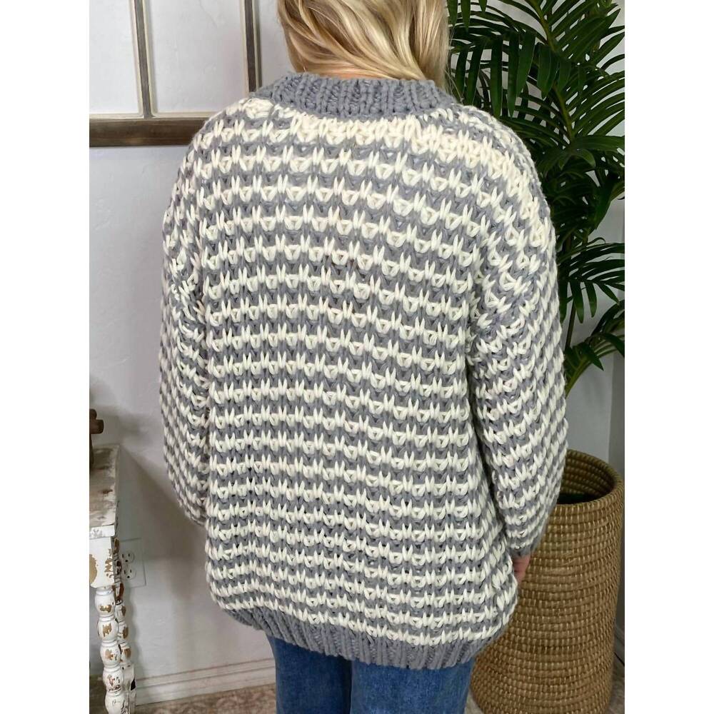 NEW BIBI chunky v-neck cardigan in grey and ivory - Picture 2 of 3
